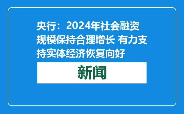 央行：2024年社会融资规模保持合理增长 有力支持实体经济恢复向好