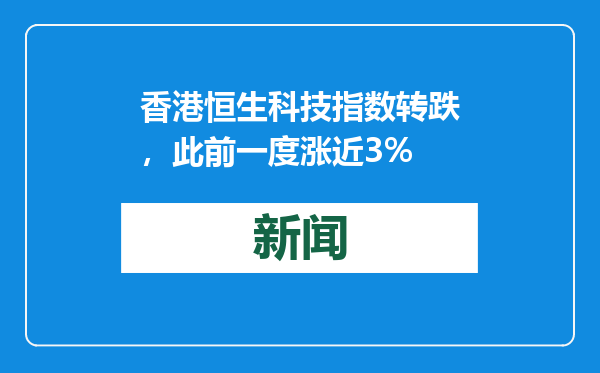 香港恒生科技指数转跌，此前一度涨近3%