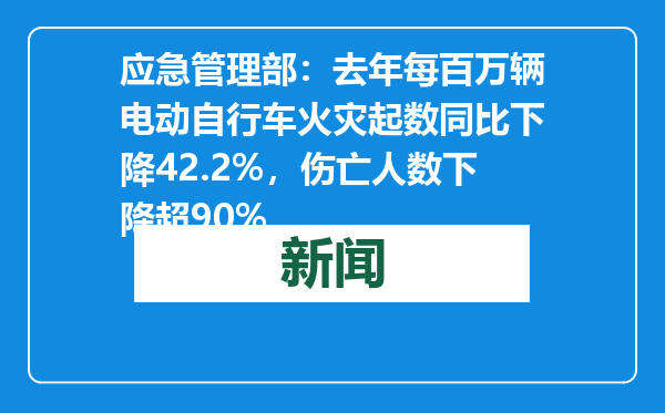 应急管理部：去年每百万辆电动自行车火灾起数同比下降42.2%，伤亡人数下降超90%