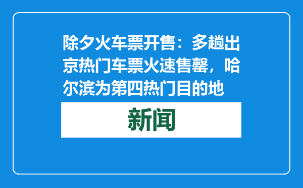 除夕火车票开售：多趟出京热门车票火速售罄，哈尔滨为第四热门目的地