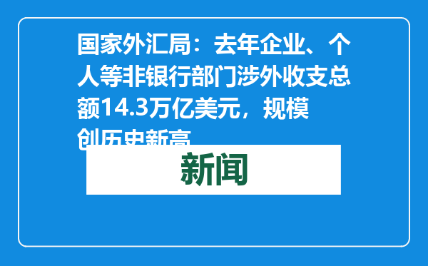 国家外汇局：去年企业、个人等非银行部门涉外收支总额14.3万亿美元，规模创历史新高