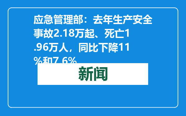 应急管理部：去年生产安全事故2.18万起、死亡1.96万人，同比下降11%和7.6%
