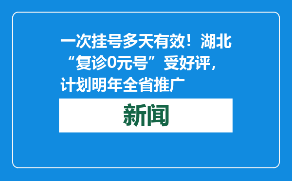 一次挂号多天有效！湖北“复诊0元号”受好评，计划明年全省推广
