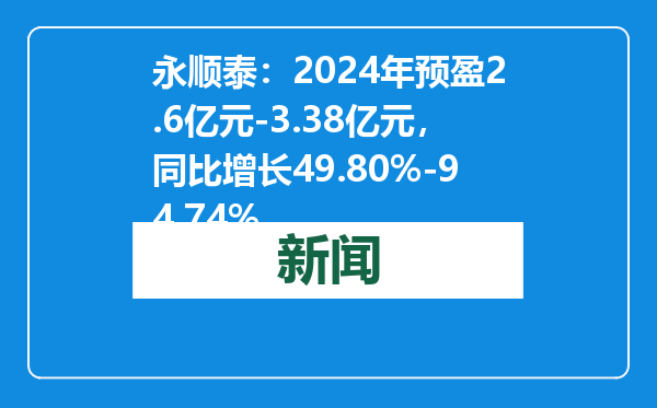 永顺泰：2024年预盈2.6亿元-3.38亿元，同比增长49.80%-94.74%