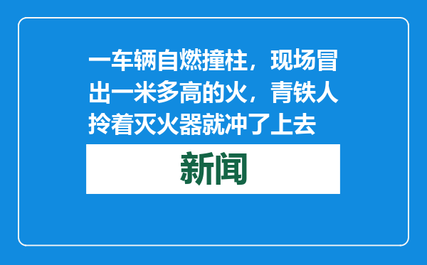 一车辆自燃撞柱，现场冒出一米多高的火，青铁人拎着灭火器就冲了上去