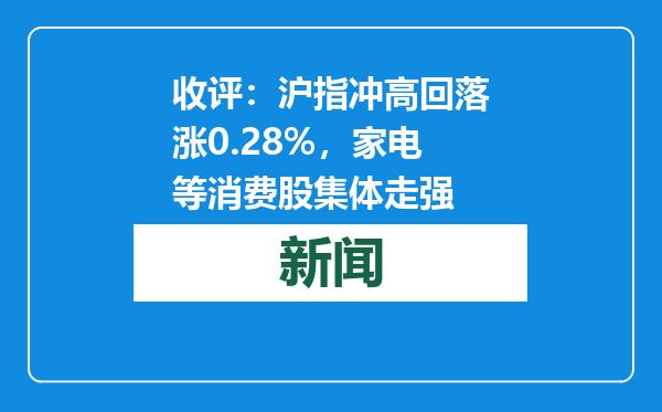 收评：沪指冲高回落涨0.28%，家电等消费股集体走强