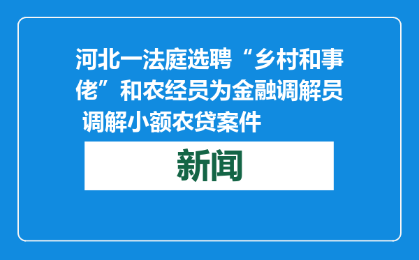 河北一法庭选聘“乡村和事佬”和农经员为金融调解员 调解小额农贷案件