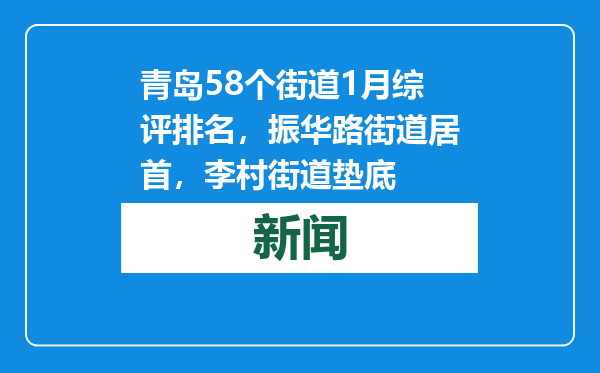 青岛58个街道1月综评排名，振华路街道居首，李村街道垫底