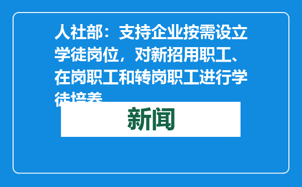 人社部：支持企业按需设立学徒岗位，对新招用职工、在岗职工和转岗职工进行学徒培养