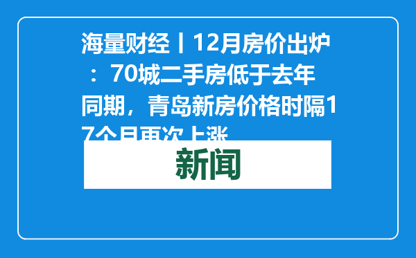 海量财经丨12月房价出炉 ：70城二手房低于去年同期，青岛新房价格时隔17个月再次上涨
