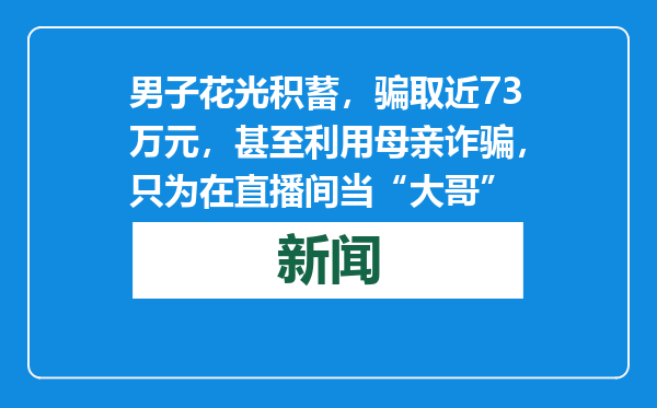 男子花光积蓄，骗取近73万元，甚至利用母亲诈骗，只为在直播间当“大哥”