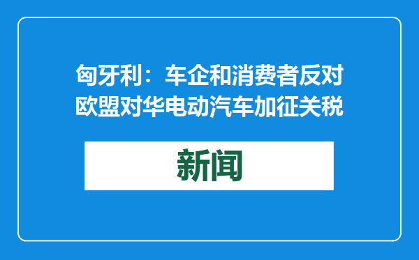 匈牙利：车企和消费者反对欧盟对华电动汽车加征关税