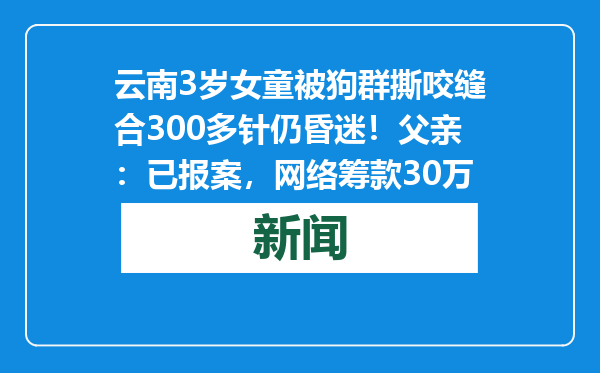 云南3岁女童被狗群撕咬缝合300多针仍昏迷！父亲：已报案，网络筹款30万