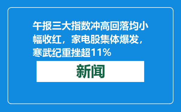 午报三大指数冲高回落均小幅收红，家电股集体爆发，寒武纪重挫超11%