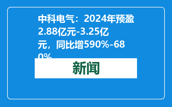 中科电气：2024年预盈2.88亿元-3.25亿元，同比增590%-680%
