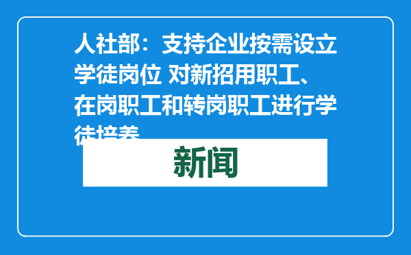 人社部：支持企业按需设立学徒岗位 对新招用职工、在岗职工和转岗职工进行学徒培养