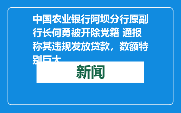 中国农业银行阿坝分行原副行长何勇被开除党籍 通报称其违规发放贷款，数额特别巨大