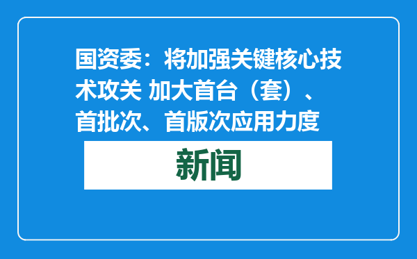 国资委：将加强关键核心技术攻关 加大首台（套）、首批次、首版次应用力度