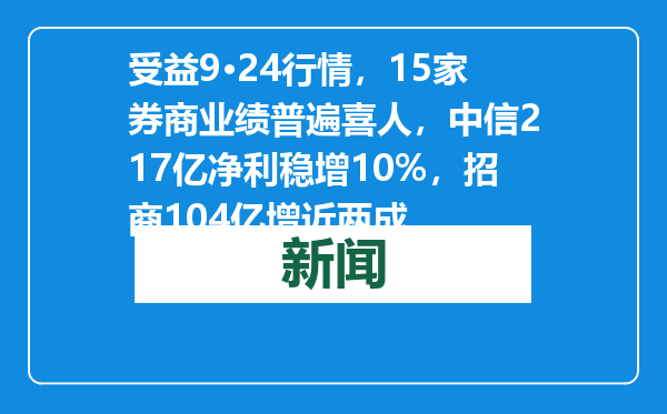 受益9·24行情，15家券商业绩普遍喜人，中信217亿净利稳增10%，招商104亿增近两成