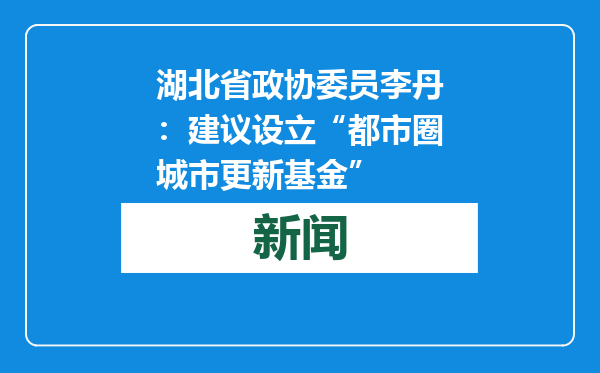 湖北省政协委员李丹：建议设立“都市圈城市更新基金”
