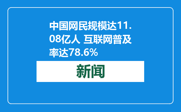 中国网民规模达11.08亿人 互联网普及率达78.6%