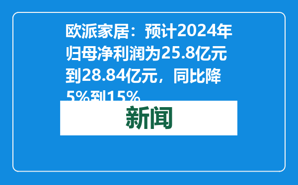 欧派家居：预计2024年归母净利润为25.8亿元到28.84亿元，同比降5%到15%