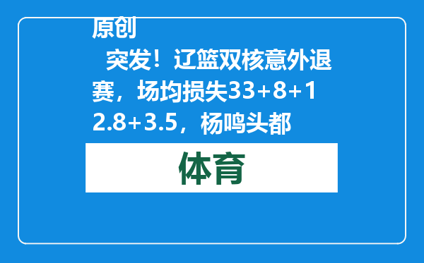 原创            突发！辽篮双核意外退赛，场均损失33+8+12.8+3.5，杨鸣头都大了