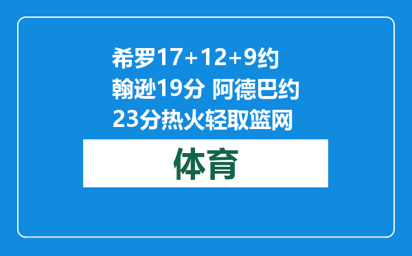 希罗17+12+9约翰逊19分 阿德巴约23分热火轻取篮网