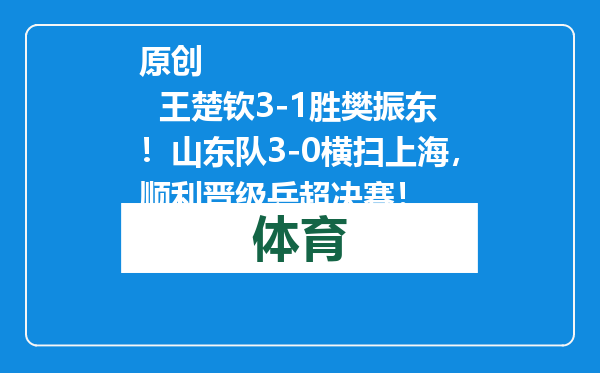 原创            王楚钦3-1胜樊振东！山东队3-0横扫上海，顺利晋级乒超决赛！