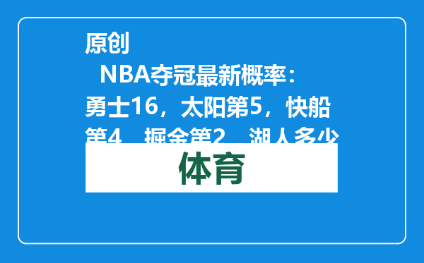 原创            NBA夺冠最新概率：勇士16，太阳第5，快船第4，掘金第2，湖人多少