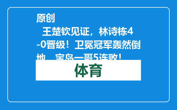 原创            王楚钦见证，林诗栋4-0晋级！卫冕冠军轰然倒地，宝岛一哥5连败！