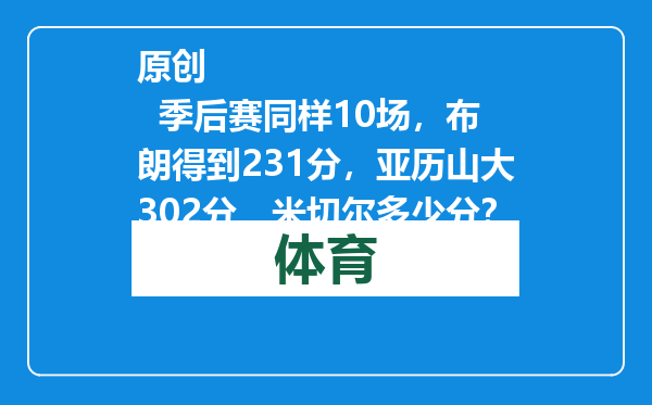 原创            季后赛同样10场，布朗得到231分，亚历山大302分，米切尔多少分？