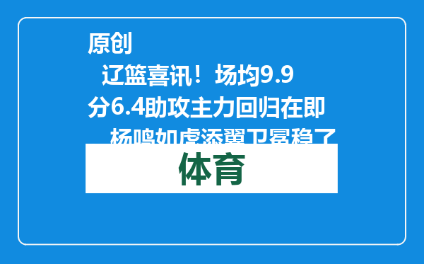 原创            辽篮喜讯！场均9.9分6.4助攻主力回归在即，杨鸣如虎添翼卫冕稳了