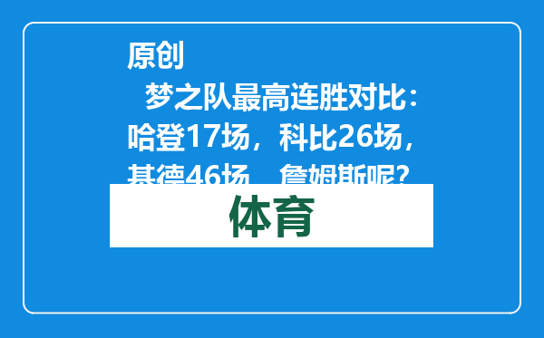 原创            梦之队最高连胜对比：哈登17场，科比26场，基德46场，詹姆斯呢？