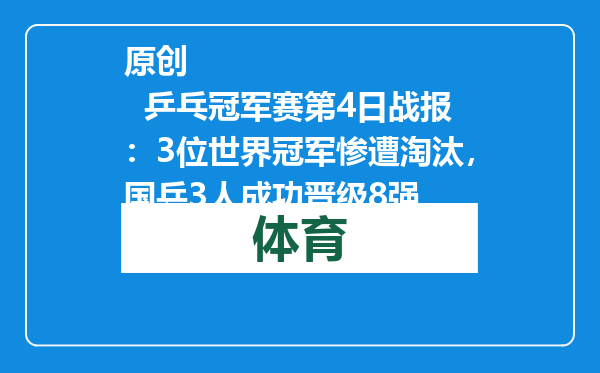 原创            乒乓冠军赛第4日战报：3位世界冠军惨遭淘汰，国乒3人成功晋级8强