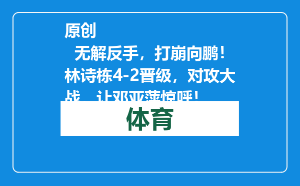 原创            无解反手，打崩向鹏！林诗栋4-2晋级，对攻大战，让邓亚萍惊呼！