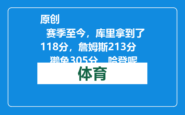 原创            赛季至今，库里拿到了118分，詹姆斯213分，獭兔305分，哈登呢
