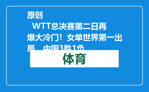原创            WTT总决赛第二日再爆大冷门！女单世界第一出局，中国3胜1负