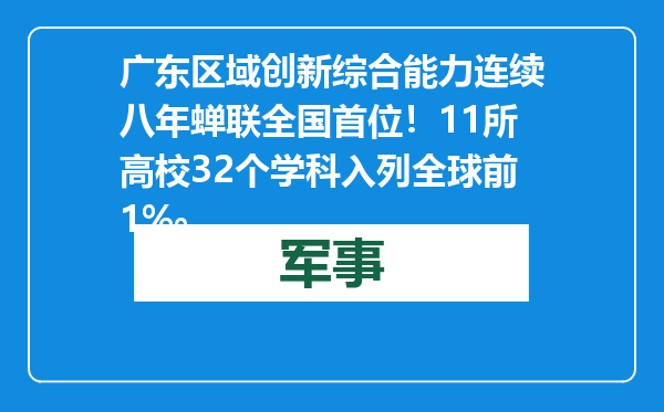 广东区域创新综合能力连续八年蝉联全国首位！11所高校32个学科入列全球前1‰