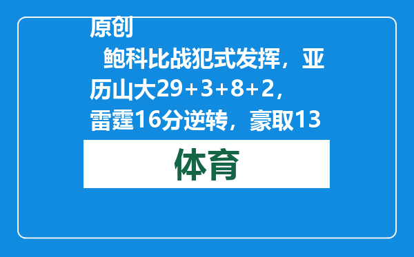 原创            鲍科比战犯式发挥，亚历山大29+3+8+2，雷霆16分逆转，豪取13连胜