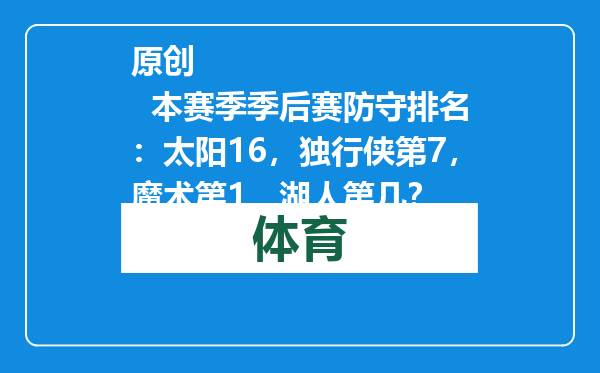 原创            本赛季季后赛防守排名：太阳16，独行侠第7，魔术第1，湖人第几？