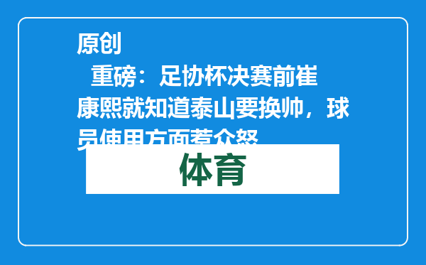 原创            重磅：足协杯决赛前崔康熙就知道泰山要换帅，球员使用方面惹众怒