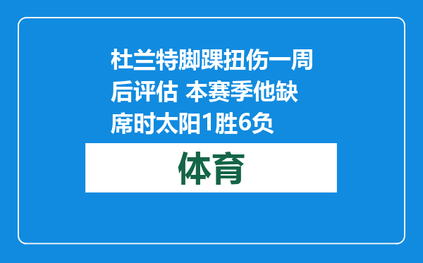 杜兰特脚踝扭伤一周后评估 本赛季他缺席时太阳1胜6负