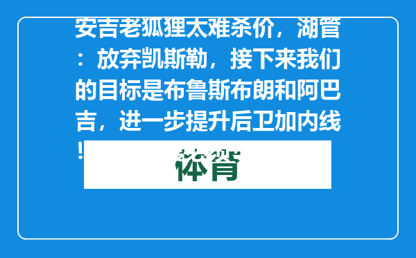 安吉老狐狸太难杀价，湖管：放弃凯斯勒，接下来我们的目标是布鲁斯布朗和阿巴吉，进一步提升后卫加内线！板凳深度必须！