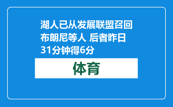 湖人已从发展联盟召回布朗尼等人 后者昨日31分钟得6分