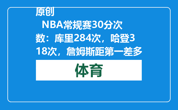 原创            NBA常规赛30分次数：库里284次，哈登318次，詹姆斯距第一差多少